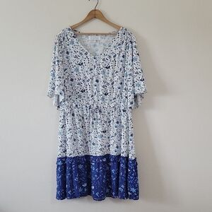 Margaux Rivera White Blue Floral Flutter Sleeve Midi Dress Size 2X